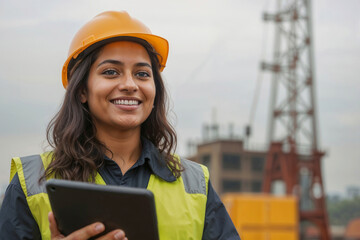 Portrait of happy female engineer wearing a hard hat and high-visibility vest, using a tablet to record data at a construction site