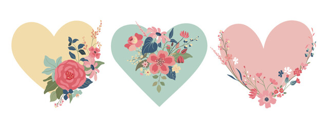 Set of three vector colorful hearts with flowers. Happy Valentine s Day greeting cards. Romantic sticker collection.