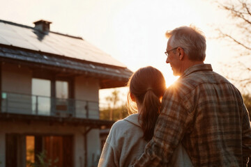 Father and daughter embrace outdoors as they admire home, sunset casting a glow
