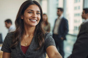 A cheerful Indian businesswoman makes a great first impression, smiling while shaking hands in a corporate setting