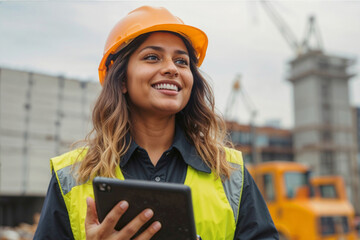 A woman engineer wearing a safety vest and a hard hat is holding a tablet. She is smiling and she is happy