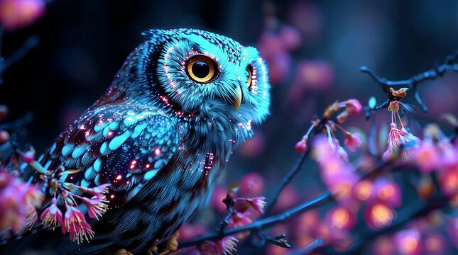 Un b&uacute;ho azul el&eacute;ctrico posado entre ramas de cerezo en flor, capturando una belleza surrealista y vibrante.