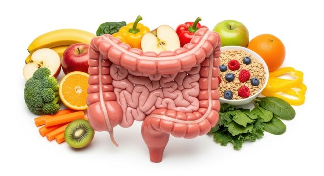 Gut health visualization with fruits and vegetables for healthy digestion process