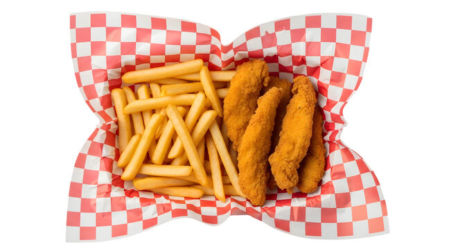 French fries in a red and white checkered paper isolated on transparent background