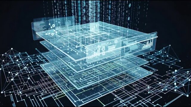 Futuristic digital blueprint of a building with intricate circuitry and network connections in a 3D wireframe model