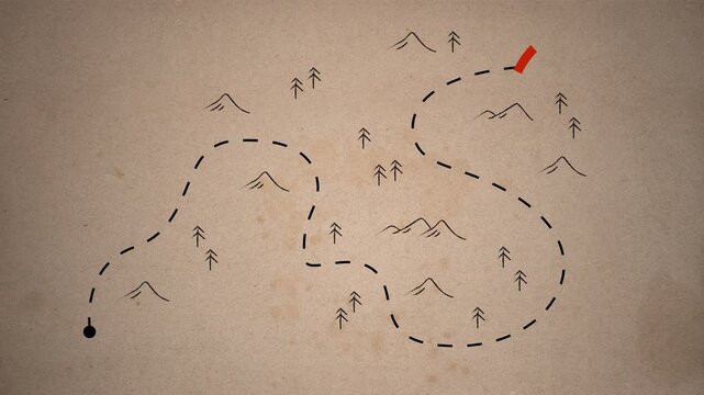 Scavenger hunt map animated with path route navigation on vintage old textured paper background. Treasure hunt map. 4k video