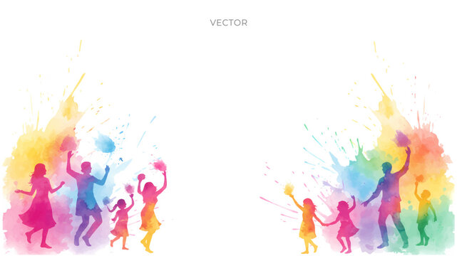 joyful minimal modern vibrant Holi fest banner card vector illustration. People playing with colors background.
