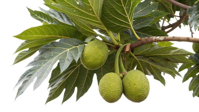 Green breadfruit hanging from a tropical tree branch with large, lobed leaves