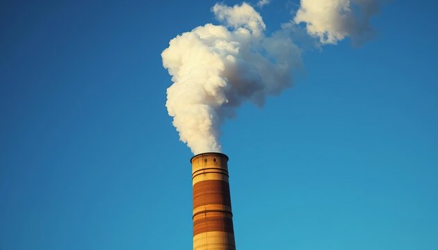 Grimy smokestack belching dark smoke against vibrant blue sky,  power plant,  image