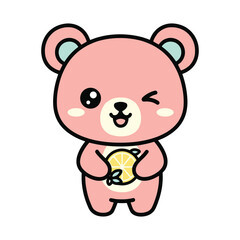 Obraz premium Pink cartoon bear holding a slice of lemon with a winking expression