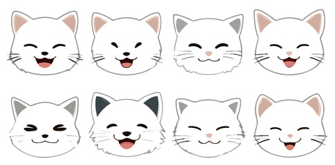 Obraz premium Conjunto de oito ícones de cabeças de gatos brancos felizes com expressões variadas em fundo transparente.