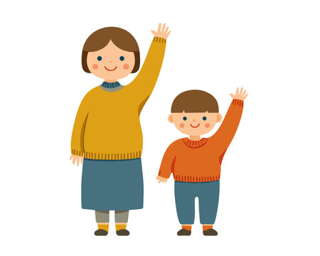 M&atilde;e e filho acenando com as m&atilde;os levantadas em ilustra&ccedil;&atilde;o vetorial com fundo transparente.