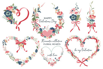 Set of vector colorful frames and arrangements with hearts, ribbons, bow, flowers and plants. Happy Valentine s Day greeting cards. Romantic collection,