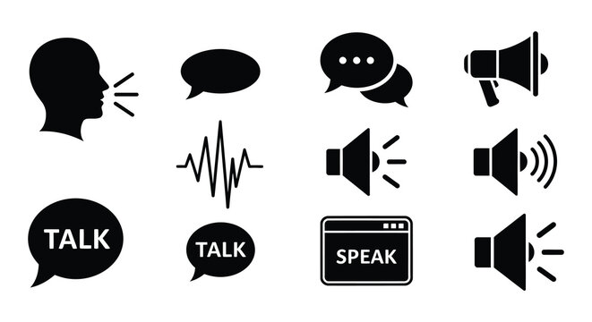 Communication icons depicting speech sound and dialogue in a monochrome style