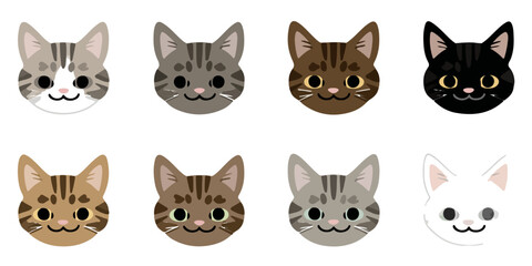 Fototapeta premium Ocho cabezas de gatos adorables con diferentes colores de pelaje atigrado y blanco sobre fondo transparente.