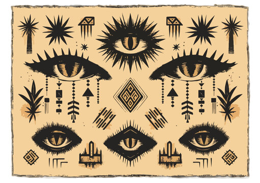 Conjunto de tatuajes esot&eacute;ricos con ojos m&iacute;sticos, estrellas y s&iacute;mbolos tribales en estilo vintage