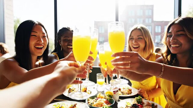 Diverse Women Friends Toasting with Mimosas at Brunch 4K Video