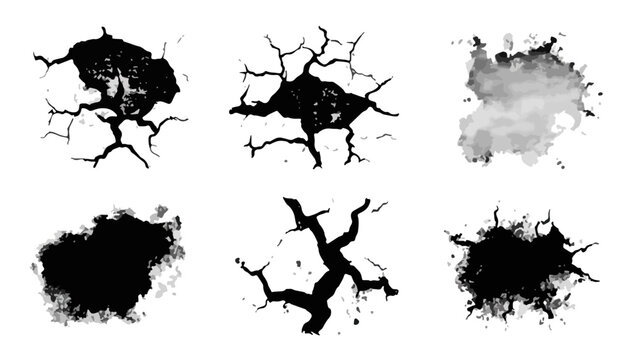 Conjunto de seis texturas abstractas negras de grietas y manchas con fondo transparente para dise&ntilde;o gr&aacute;fico.
