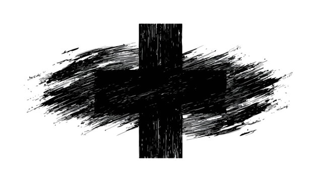 Signo de m&aacute;s o cruz negra grunge con textura de pincelada &aacute;spera sobre fondo blanco.