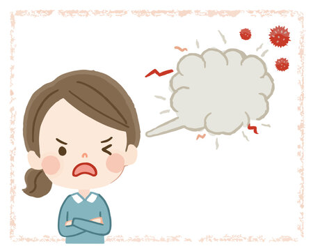 Donna arrabbiata con espressione frustrata e nuvola di vapore che simboleggia rabbia o stress.