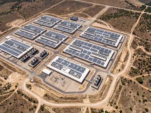 A top-down aerial view of a massive Texas data center campus with solar-ready rooftops and organized server halls, highlighting large-scale digital infrastructure.