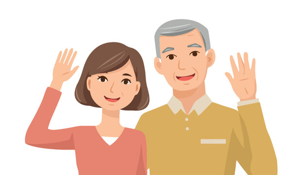 Coppia anziana sorridente saluta con la mano su sfondo trasparente, illustrazione vettoriale di pensionati felici.