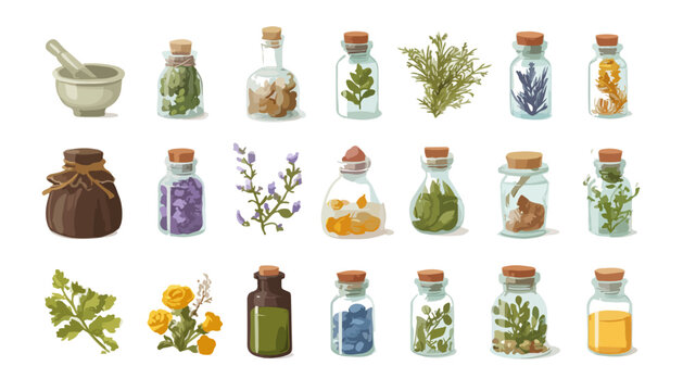 Cole&ccedil;&atilde;o de frascos de vidro com ervas medicinais, especiarias e ingredientes naturais para alquimia ou fitoterapia.