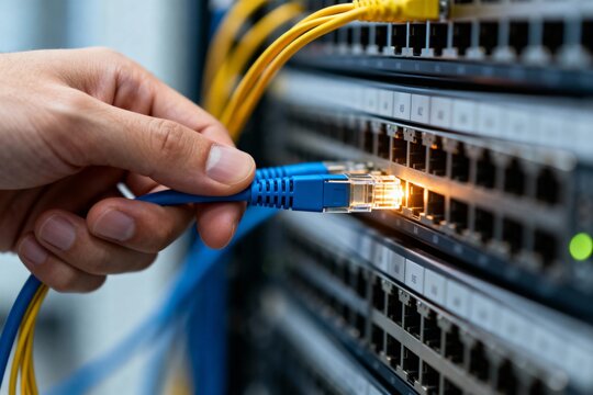 Pr&auml;zisionsarbeit in der IT: Techniker verbindet Glasfaserkabel mit Server-Einheit, Nahaufnahme von Konnektivit&auml;t und Hardware-Wartung