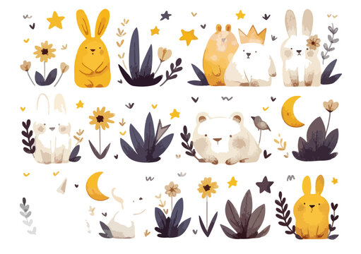 Conjunto de ilustraciones acuarela de conejos y osos adorables con elementos nocturnos y florales