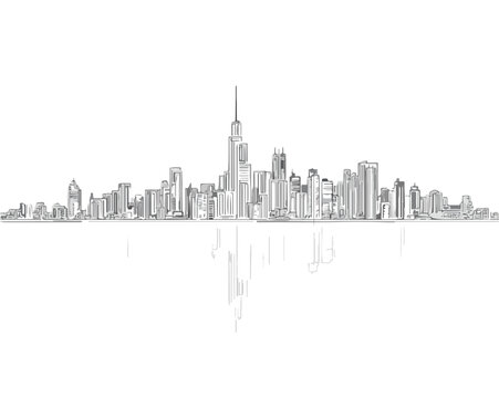 Silueta lineal de rascacielos de ciudad moderna con reflejo minimalista sobre fondo blanco transparente.