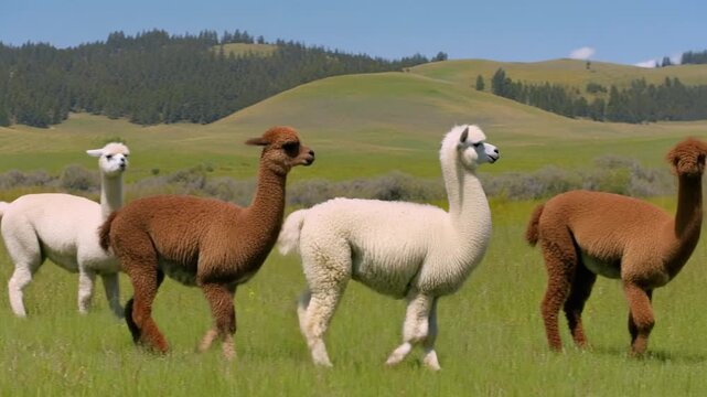 Alpacas Grazing in Lush Green Meadow on a Sunny Day with Rolling Hills