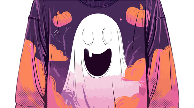 Ilustraci&oacute;n de su&eacute;ter morado con dise&ntilde;o de fantasma sonriente y calabazas, ideal para Halloween.