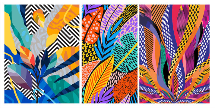 Vibrant tropical seamless patterns with neon leaves, animal prints, and geometric stripes. Bold maximalist background
