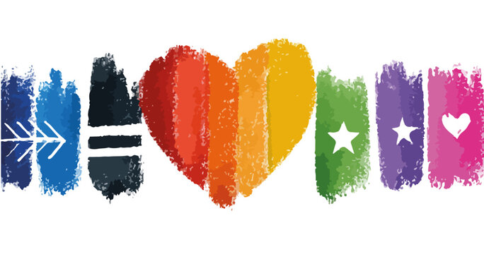 Cora&ccedil;&atilde;o arco-&iacute;ris pintado com pinceladas vibrantes representando diversidade e amor em fundo branco transparente.