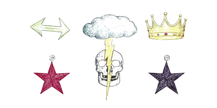 Set di icone disegnate a mano su sfondo trasparente: teschio, fulmine, corona, frecce e stelle pendenti.