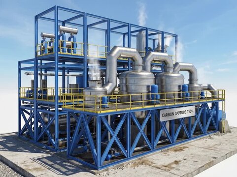 A modern carbon capture facility featuring large steel tanks, pipes, and structural frameworks designed to capture and process carbon dioxide emissions in an industrial setting.