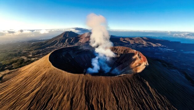 Aerial view of a volcanic crater, steam rising against a blue sky