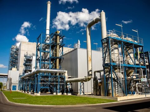 An advanced carbon capture facility with tall exhaust stacks and processing units, designed to capture and treat industrial carbon emissions efficiently.