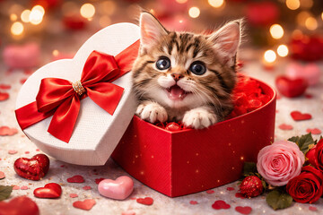 Playful Cat Peeking Out of Heart-Shaped Gift Box, Valentine&rsquo;s Day Concept