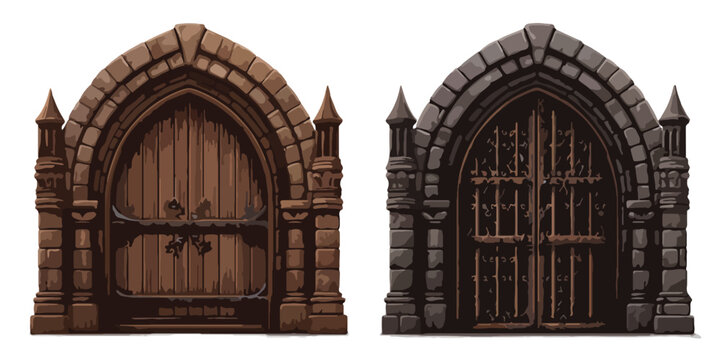 Coppia di porte gotiche ad arco, una in legno massiccio e una con inferriate, su sfondo trasparente.