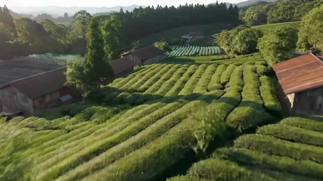 Aerial drone video smoothly gliding over a sprawling, lush green tea plantation and intricate terraced fields at golden hour, with traditional farm buildings and winding paths. Agricultural serenity