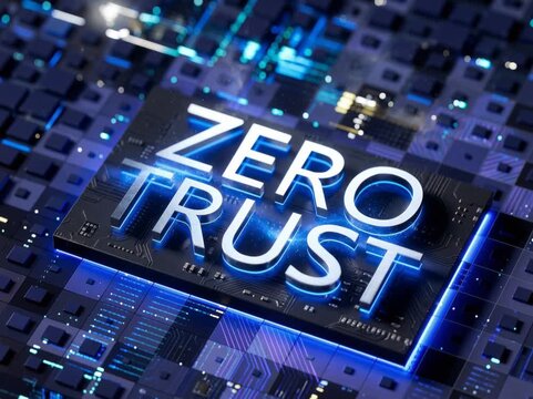A close-up of a glowing &ldquo;Zero Trust&rdquo; label embedded on a digital microchip, representing advanced cybersecurity architecture focused on continuous verification and secure system access.
