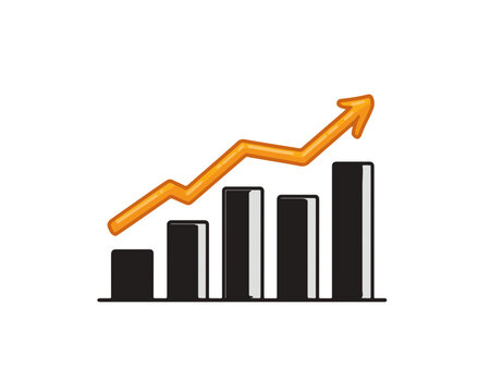 Gr&aacute;fico de barras com seta laranja ascendente indicando crescimento positivo e sucesso de neg&oacute;cios em fundo transparente.