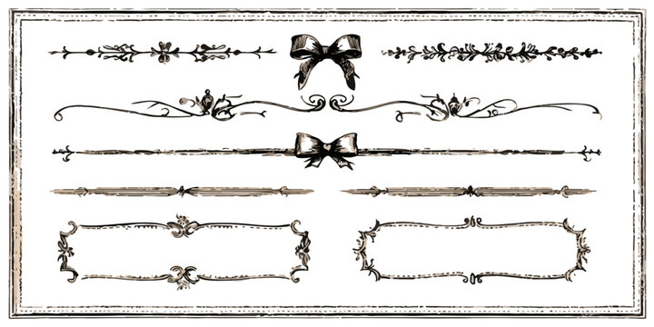 Conjunto de divisores ornamentales y marcos dibujados a mano con lazos, estilo vintage, fondo transparente.