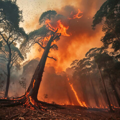A tree is on fire in a forest. The fire is very large and is surrounded by trees