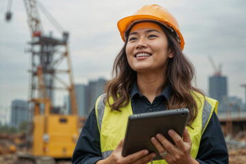 Portrait of Asian woman manager wearing a yellow vest and a hard hat is holding a tablet. She is smiling and she is happy