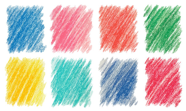 Set di otto macchie colorate a pastello, texture tratteggiate, sfondo trasparente per design grafico.