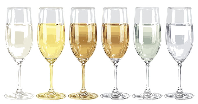 Seis copas de champ&aacute;n o vino espumoso con diferentes tonalidades de color y fondo transparente.
