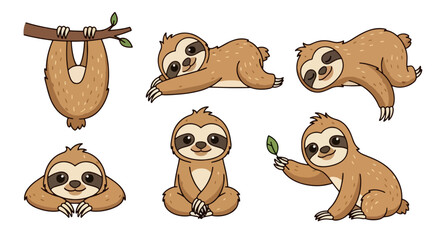 Fototapeta premium Collection of Adorable Cartoon Sloths Illustrating Various Relaxed Poses