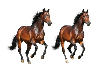 Obraz premium Two brown horses in full gallop with flowing manes isolated on transparent background